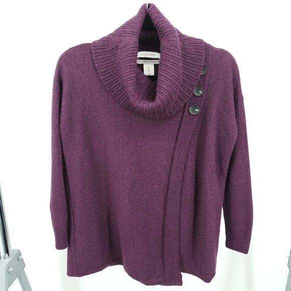 Ellen Tracy 100% Merino Wool Cowl Neck 3/4 Sleeve Asymmetrical Button Cardigan S - Picture 1 of 16